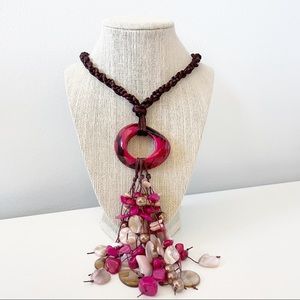 Pink, beige and brown Tagua nut and mother or pearl necklace and earrings